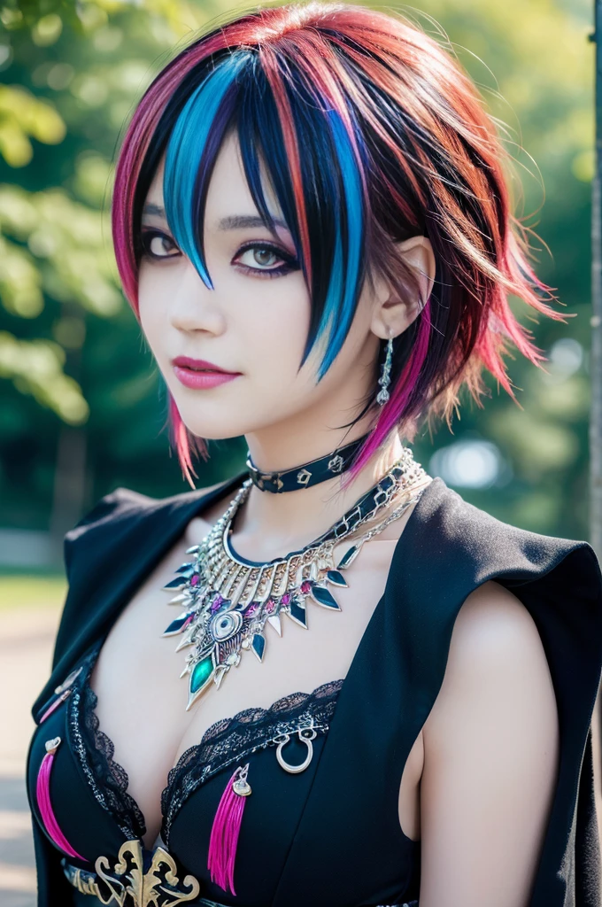 (masterpiece:1.4), (best quality:1.4), ultra high res, ultra high resolution, ((ultra detailed facial features)), HDR, (realistic, photorealistic, photo-realistic:1.37), full body Esbian, sexy Swedish model, (-anime), vivid colors, ((vivid colors multicolor (Visual Kei style very short hair))), (big smile), ultra detailed heavy eye-makeup, bold lip-color, long lashes, defined eyebrows, wearing large dramatic Visual Kei jewelery, wearing a Visual Kei cosplay, ((vivid Visual Kei outfit)), layered clothing, look at the camera, cinematic light, large park background with trees, sweet and sexy pose