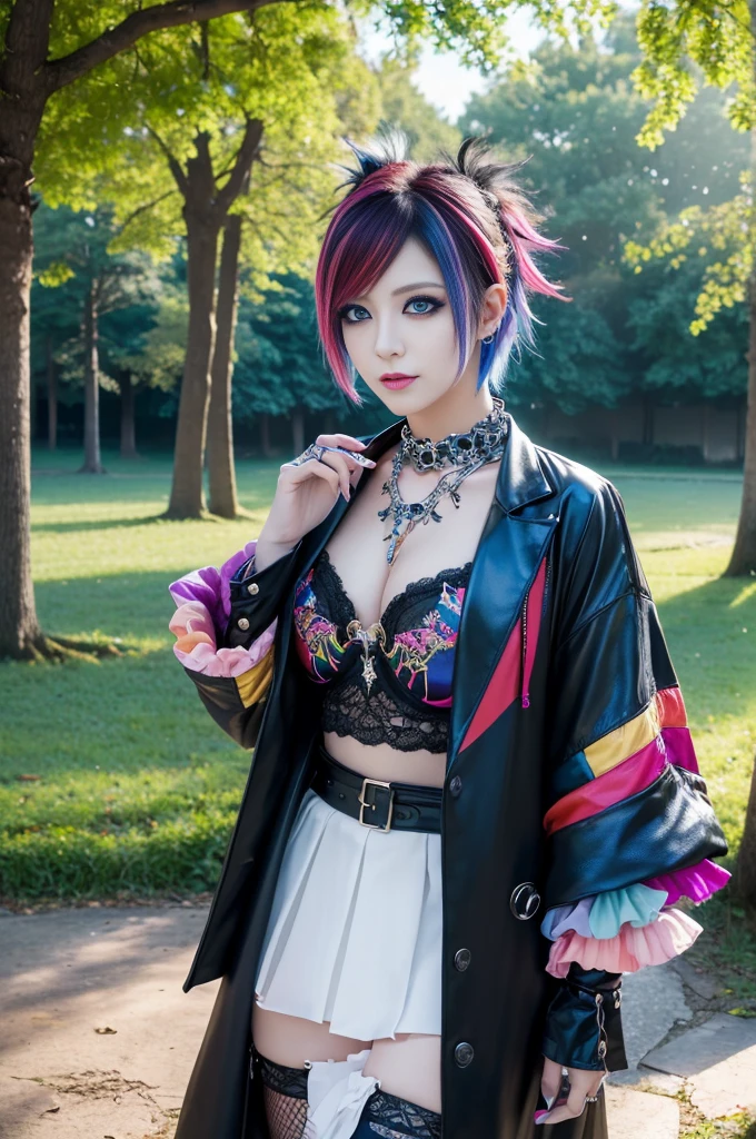 (masterpiece:1.4), (best quality:1.4), ultra high res, ultra high resolution, ((ultra detailed facial features)), HDR, (realistic, photorealistic, photo-realistic:1.37), full body Esbian, sexy Swedish model, (-anime), vivid colors, ((vivid colors multicolor (Visual Kei style very short hair))), (big smile), ultra detailed heavy eye-makeup, bold lip-color, long lashes, defined eyebrows, wearing large dramatic Visual Kei jewelery, wearing a Visual Kei cosplay, ((vivid Visual Kei outfit)), layered clothing, look at the camera, cinematic light, large park background with trees, sweet and sexy pose