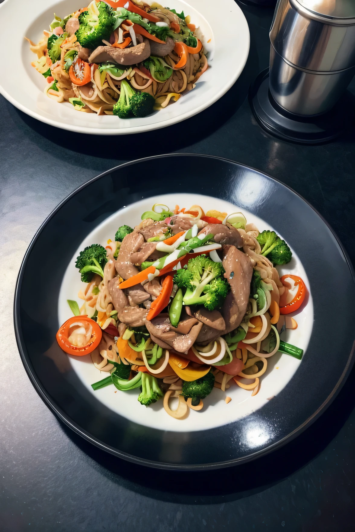 Yakisoba oriental noodles, with meat and chicken. Accompanied by fresh vegetables (broccoli, onion, carrot SLICED INTO ROUNDS, bell pepper, chard and cabbage ON A SINGLE PLATE