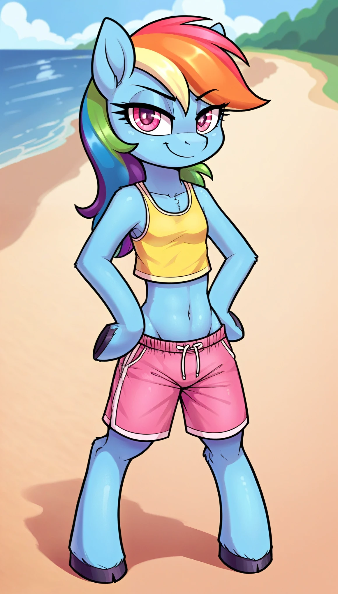 score_9,score_8_up,score_7_up, source_cartoon, source_furry, Rainbow dash, semi-anthro, hoofs on hips, navel, Rainbow hair, multicolored hair, magenta eyes, clear blue body fur, detailed eyes, detailed face, detailed body fur, glistering body, shiny body, gorgeous body, skinny, smirk, ((yellow tank top, midriff, Pink swim trunks)), full body, beach, clear sky,