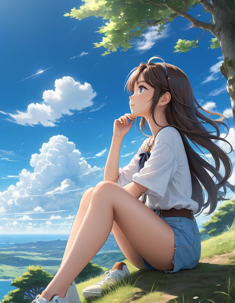 A anime,  sitting on the hill looking at sky, with her hair blowing in clear day, with cat, (blue sky:1.25), sideway glance, young girl, cloud, endless sea, noon, summer, floating hair, cumulus clouds, forest, tree, face focus, cute
detailed photo, wide angle shot, realistic, 8k uhd, high quality