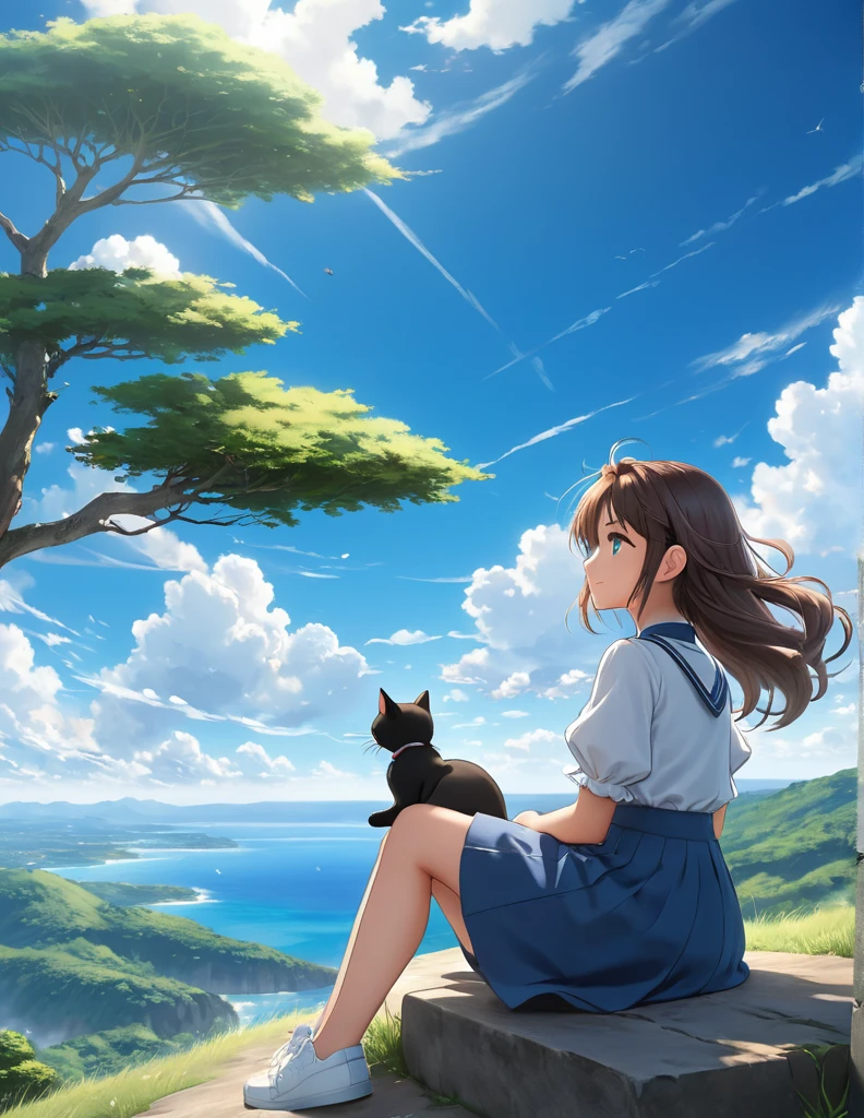 A anime,  sitting on the hill looking at sky, with her hair blowing in clear day, with cat, (blue sky:1.25), sideway glance, young girl, cloud, endless sea, noon, summer, floating hair, cumulus clouds, forest, tree, face focus, cute
detailed photo, wide angle shot, realistic, 8k uhd, high quality