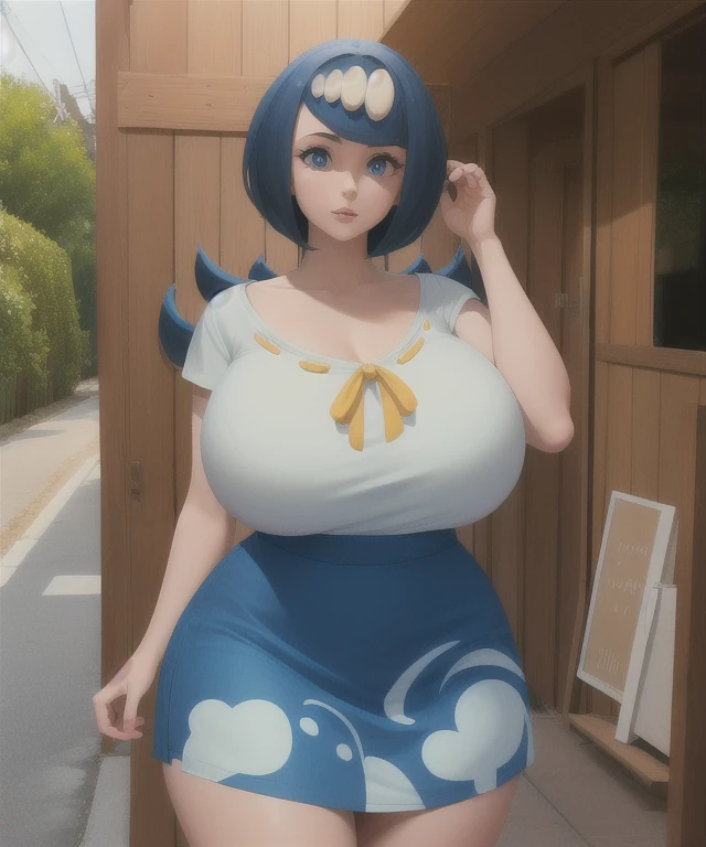 (best quality), (masterpiece), 1 girl, early 20's, huge heavy breasts, busty, massive breasts, thick, thick lips, wide hips, thin waist, lanamother, long hair, hair ornament, shirt, short sleeves, blue and white skirt