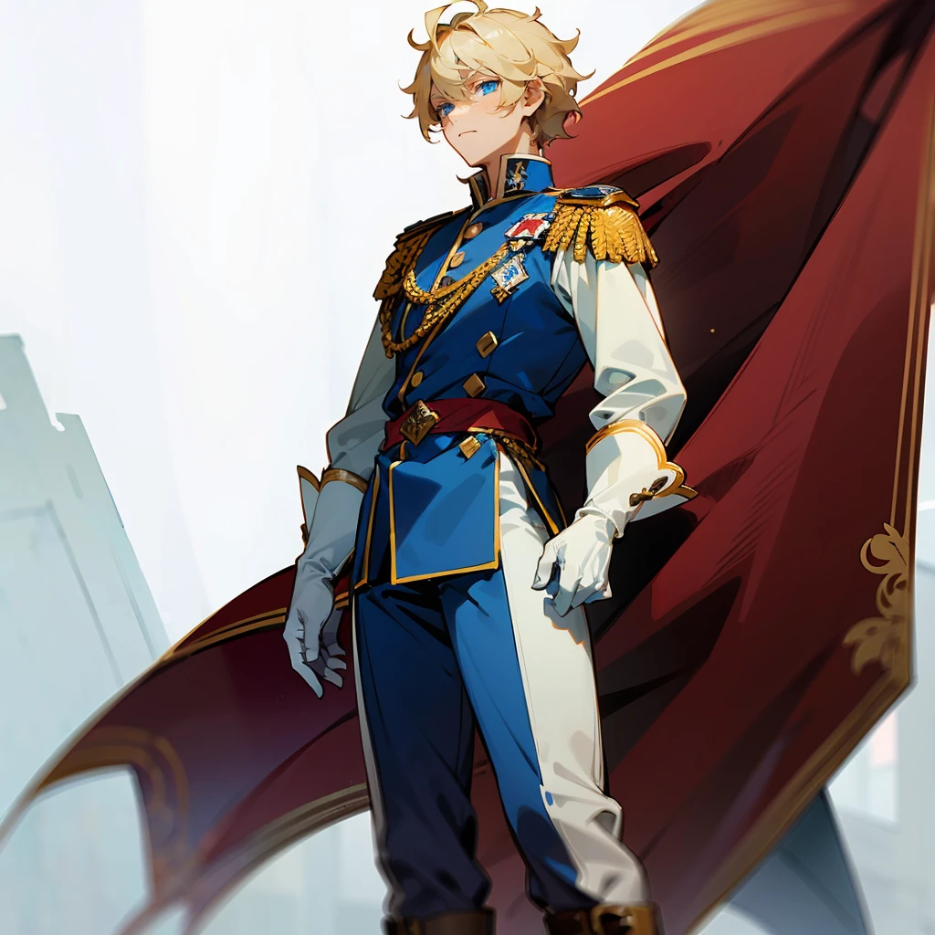 1male, Blonde Hair, Blue Royal Guard Uniform, Messy Hair, White Gloves, Military Boots, Blue Eyes, Calm Expression, Muscular, Perfect Generation, Adult Male, Palace, Standing at Attention