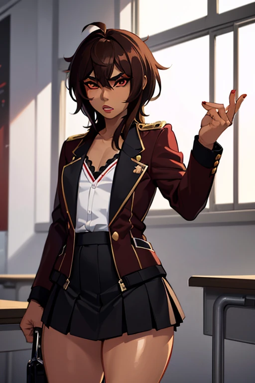 ((anime boy)), ((crossdresser)), (((1boy)))), (((solo))), ((((alone)))) medium dark brown hair, red eyes, ((((brown skin)))), wide hips, narrow waist, thick thighs, angry, make up, red lipstick, standing in a classroom, ((flat chest)), (black school jacket), (black skirt), (shirt), (highschool uniform)