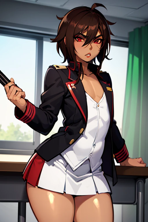 ((anime boy)), ((crossdresser)), (((1boy)))), (((solo))), ((((alone)))) medium dark brown hair, red eyes, ((((brown skin)))), wide hips, narrow waist, thick thighs, angry, make up, red lipstick, standing in a classroom, ((flat chest)), (black school jacket), (black skirt), (shirt), (highschool uniform)
