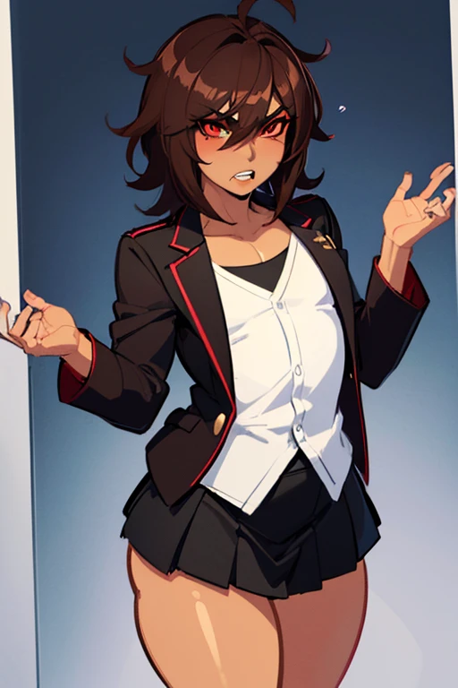 ((anime boy)), ((crossdresser)), (((1boy)))), (((solo))), ((((alone)))) medium dark brown hair, red eyes, ((((brown skin)))), wide hips, narrow waist, thick thighs, angry, make up, red lipstick, standing in a classroom, ((flat chest)), (black school jacket), (black skirt), (shirt), (highschool uniform)
