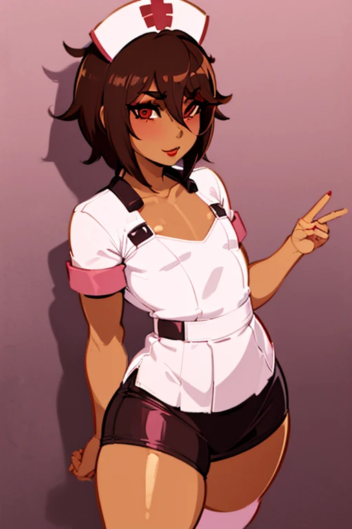 ((anime boy)), ((crossdresser)), (((1boy)))), (((solo))), ((((alone)))) medium dark brown hair, red eyes, ((((brown skin)))), wide hips, narrow waist, thick thighs, ((happy)), standing in a hospital, (black eyeshadow), (deep red lipstick), ((flat chest)), short skirt, shirt, (((skin tight pink nurse outfit)))