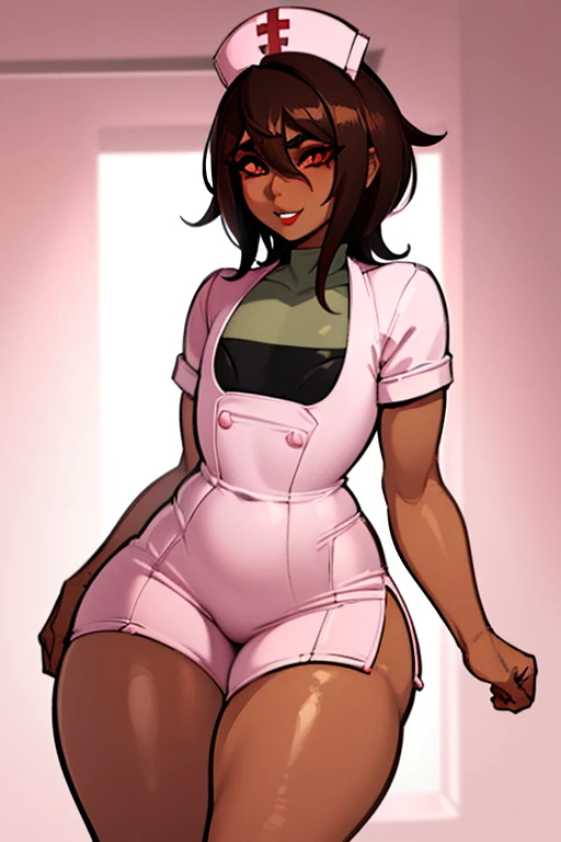 ((anime boy)), ((crossdresser)), (((1boy)))), (((solo))), ((((alone)))) medium dark brown hair, red eyes, ((((brown skin)))), wide hips, narrow waist, thick thighs, ((happy)), standing in a hospital, (black eyeshadow), (deep red lipstick), ((flat chest)), short skirt, shirt, (((skin tight pink nurse outfit)))