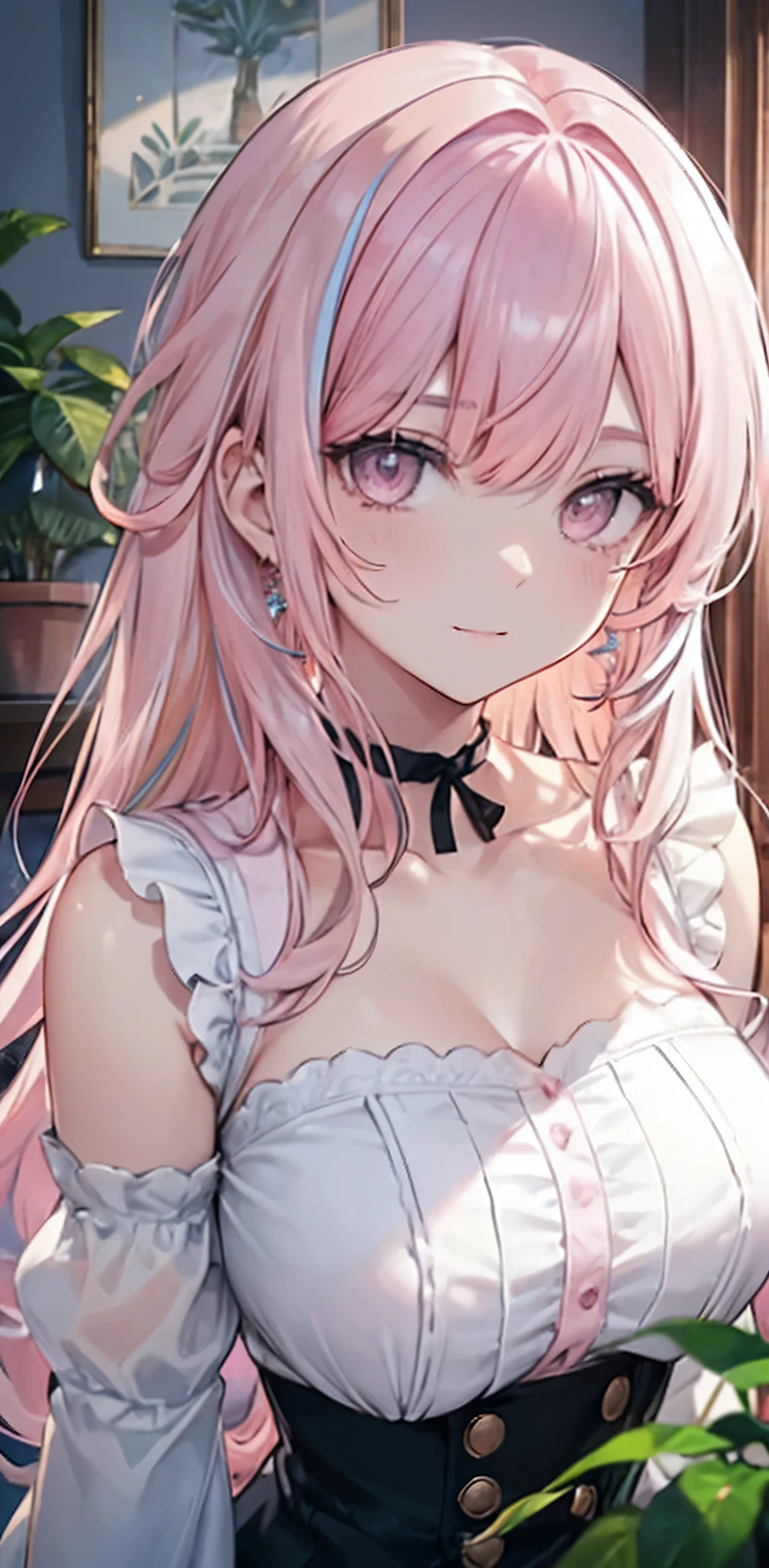 ((tmasterpiece)), nedium breasts, lookingat_Show on the_peeping at the viewer, short detailed hair, (Multicolored_The eye:1.5), (with pink hair:1.8), By bangs, Blue_The eye, ((optic_ssmile)), (long locks:1.4), (Ribbon earrings) , tmasterpiece, Best quality at best, high qulity, hoang lap, Glossy glossy skin, Colorful, dynamicposes, stunning art, Best quality at best, ultra - detailed, dynamic angle, Beautiful detailed, reflective hair, good lighting, Ray traching, depth of fields, ultra - detailed, illustratio, Amazing Cleavage, finedetail, The is very detailed, ((ultra - detailed)), (Beautiful girl detailed), Beautiful and detailed luster, Complicated details, A high resolution, Extremely Delicately Beautiful, Beautiful and meticulous'sThe eye, current, HighDynamicRange, Round eyes, detailedfacialfeatures, (illustratio), (Beautiful and meticulous'sThe eye), ((Very delicate face)), Depth-of-fie_'s_venue, eyebrows very_ass visible_passing_the hair, Ruffles, lookingat_Show on the_peeping at the viewer, (The upper part of the body: 1.4), Reflective clothes, (Diffraction of light on skin: 1.35), (Glossy glossy skin: 1.55), (iridescent effect: 1.55), clavicle, The white_The shirt, long_the sleeve, Collar, florals, Cameras, (indoor, potted: 1.5), critical angle,