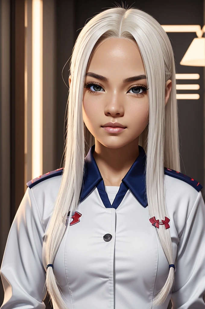 Screenshot of my hero academiagirl with UA uniform white straight hair and light brown eyes 