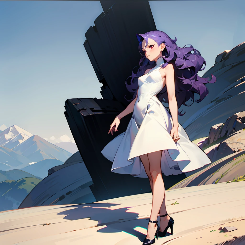 1female, Purple Hair, White Fitted Dress, Wavy Hair, Black Heels, Elegant Attire, Red Eyes, Serious Expression, Athletic, High Ranker, Adult Female, Mountain, Standing on a Peak