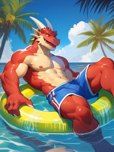 hi res,(dragon, scalie, wingless dragon), anthro,4 fingers,red eyes,horn, blurred background, bottomwear, clothing, life ring, lifeguard, male, muscular, muscular anthro, muscular male,nipples, tail, outside, palm tree, plant, red body,red scales,scales, sea, shorts, solo, summer, (swim ring:1.2), tree, (water), detailed background,by bogexboog,by zixiong,by milkytiger1145,by takemoto arashi, lying on water, open smile,