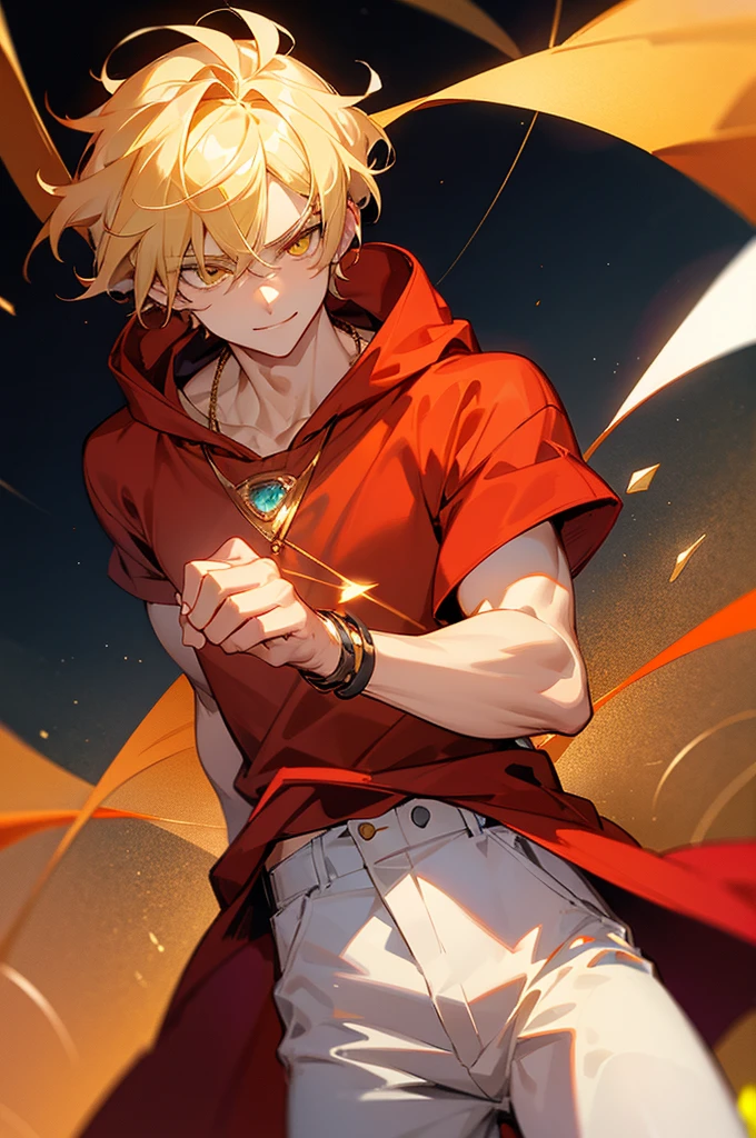 blonde hair, gold eyes, beautiful male, yellow eyes, start sky, 8k resolution, sky, galaxy, young male, serious face, short hair,, cowboy shot, glowing red gem necklace, smile, red gem on chest, mature, lean build, muscular,red shirt, red gem necklace,no lazy eye, phone in hand,white hoodie on head, white pants