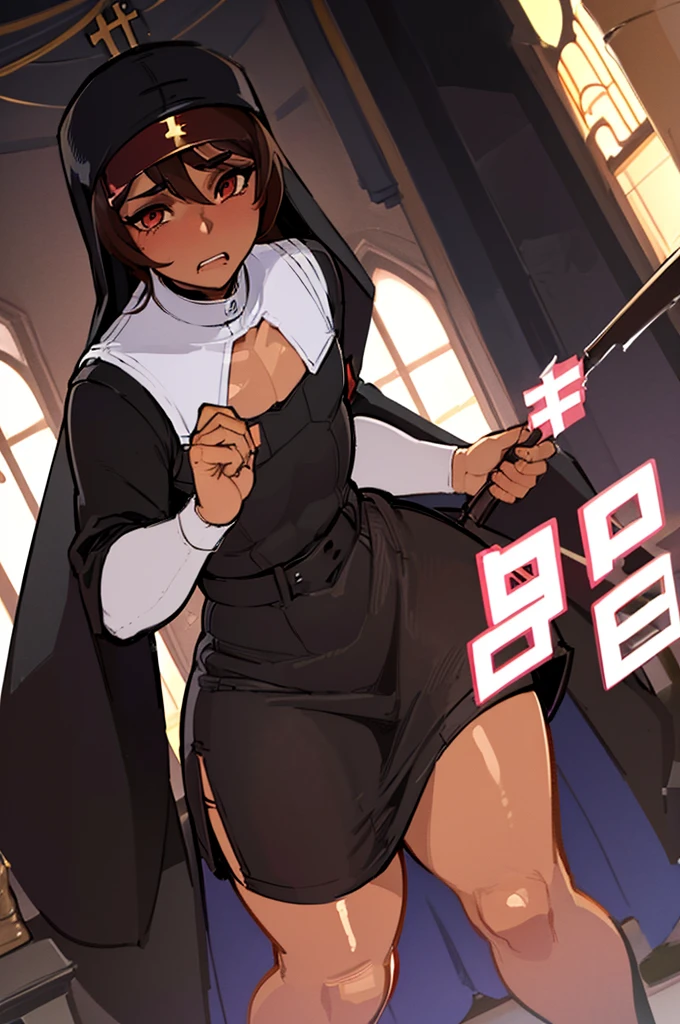 ((anime boy)), ((crossdresser)), (((1boy)))), (((solo))), ((((alone)))) medium dark brown hair, red eyes, ((((brown skin)))), wide hips, narrow waist, thick thighs, flustered, brushing, standing in a church, ((flat chest)), long skirt, shirt, (((skin tight black nun dress))), in a suggestive pose