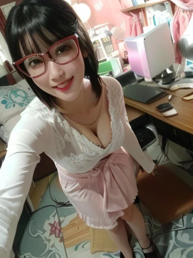 (masterpiece), best quality, very skinny, black hair, short hair, red glasses, brown eyes, big breasts, cleavage, cute face, watching the camera, pink bedroom, forced smile, full body