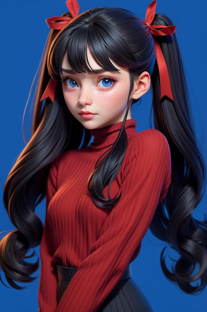 1girl, tohsaka rin, solo, long hair, sweater, red sweater, looking at viewer, blue background, black hair, simple background, two side up, turtleneck, blue eyes, lips, closed mouth, ribbon, hair ribbon, bangs, turtleneck sweater, upper body, parted bangs, black ribbon, ribbed sweater, twintails, nose,