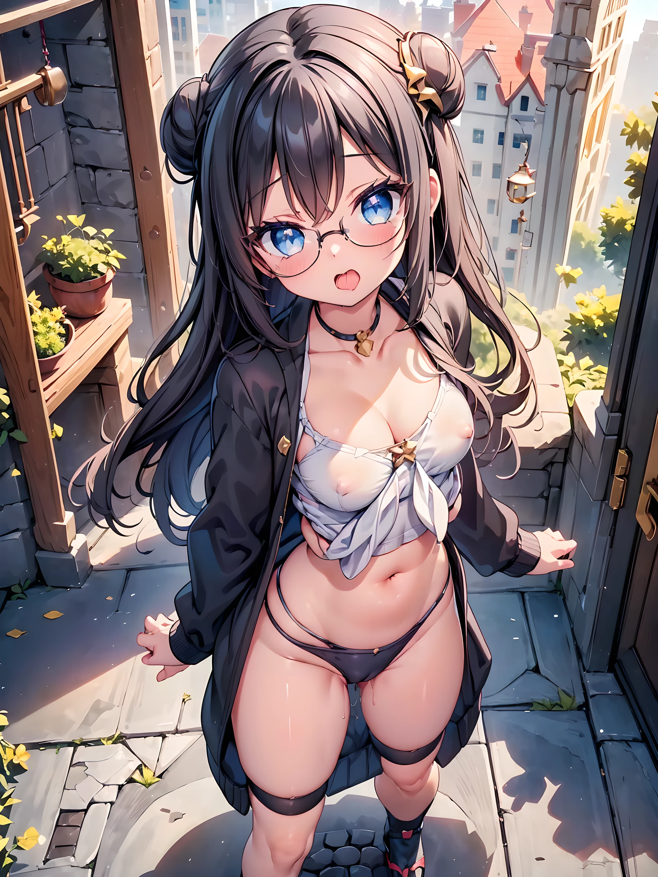 highest quality,wonderful,finely,extremely detailed CG Unity 8K wallpaper, (Stand in line:1.2), (3 girls, cute eyes, Black Hair, Blue Eyes, Glasses, double bun, clothed), (sparkling eyes:1.2), (small breasts), (wariza:1.4), (cleavage), (midriff peek:1.2), (open mouth:1.1), (long tongue:1.1), (mouth drool:1.1), (black stockings:1.1),(Thighs:1.2),(Waistline:1.1),(Waistline), (From above:1.4) showing breasts, erect nipples, pulling panties, pussy juice