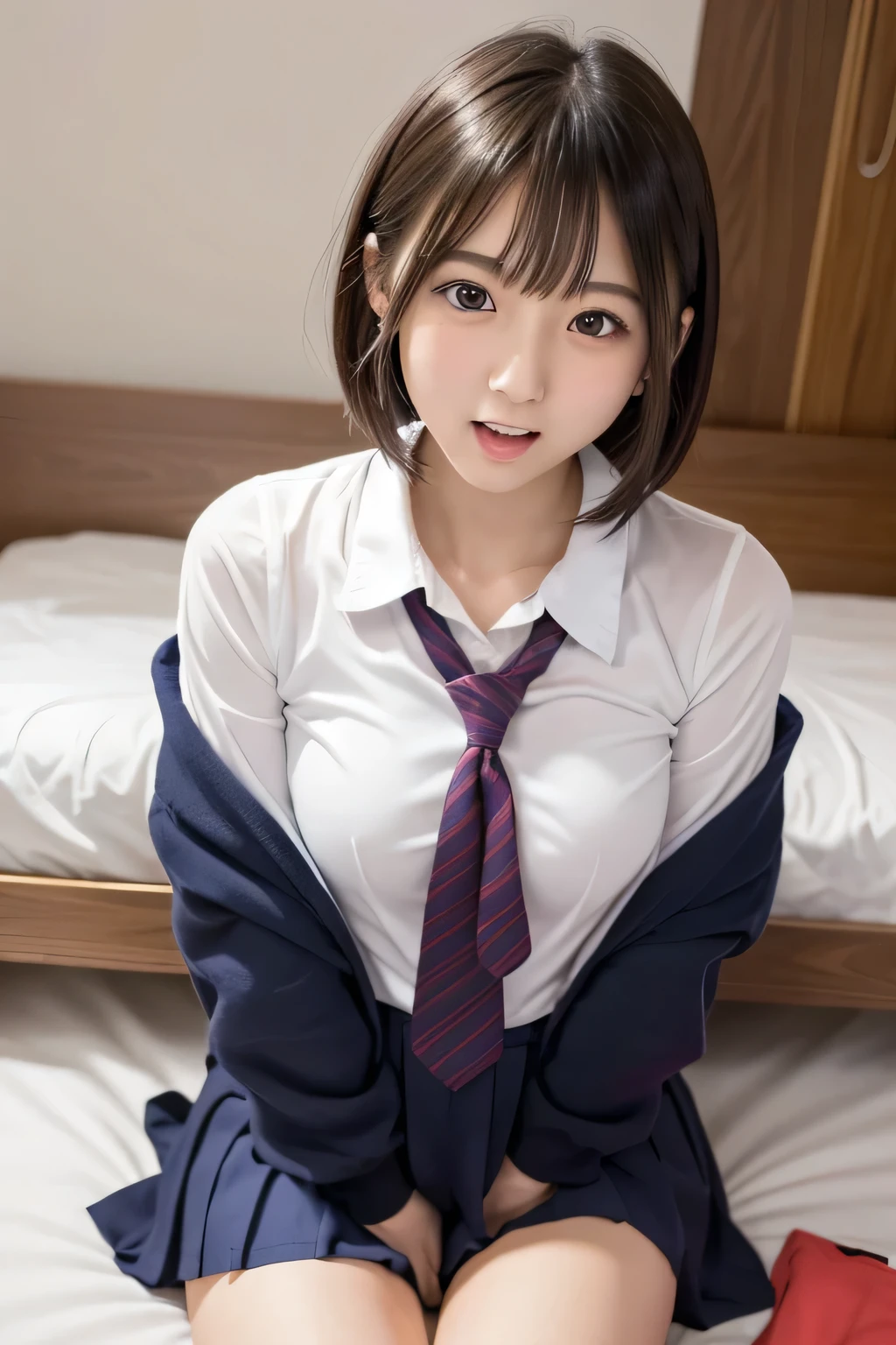 (Japanese cute girl), sexy 18 yo girl, (full body), (cutest face), thin breasts, slender thighs, straight hair, on a bed, (((school uniform))), 