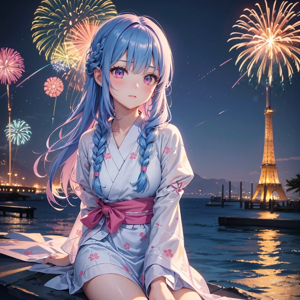 (Sky Blue Medium Hair:1.2), (Braided Hair),(Pink Eyes),Fair skin ,(whole body),(1 girl)、Floral Yukata、summer night、Extra-large fireworks filling the night sky、Huge fireworks launched from the sea、Watching the fireworks while sitting next to each other、Straight bangs,(masterpiece, Highest quality, Very detailed, Best Shadow), (Detailed Background), (Beautifully detailed face), High Contrast, (Best lighting, Very delicate and beautiful), ((Cinematic Light)), colorful, Hyper Detail 8k, Dramatic Light, Intricate details,Fireworks reflected on the water surface、