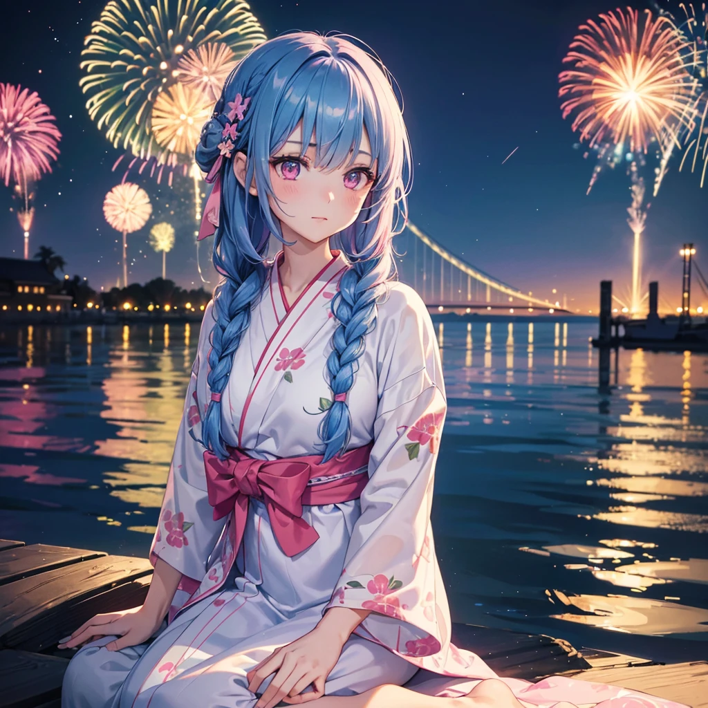 (Sky Blue Medium Hair:1.2), (Braided Hair),(Pink Eyes),Fair skin ,(whole body),(1 girl)、Floral Yukata、summer night、Extra-large fireworks filling the night sky、Huge fireworks launched from the sea、Watching the fireworks while sitting next to each other、Straight bangs,(masterpiece, Highest quality, Very detailed, Best Shadow), (Detailed Background), (Beautifully detailed face), High Contrast, (Best lighting, Very delicate and beautiful), ((Cinematic Light)), colorful, Hyper Detail 8k, Dramatic Light, Intricate details,Fireworks reflected on the water surface、