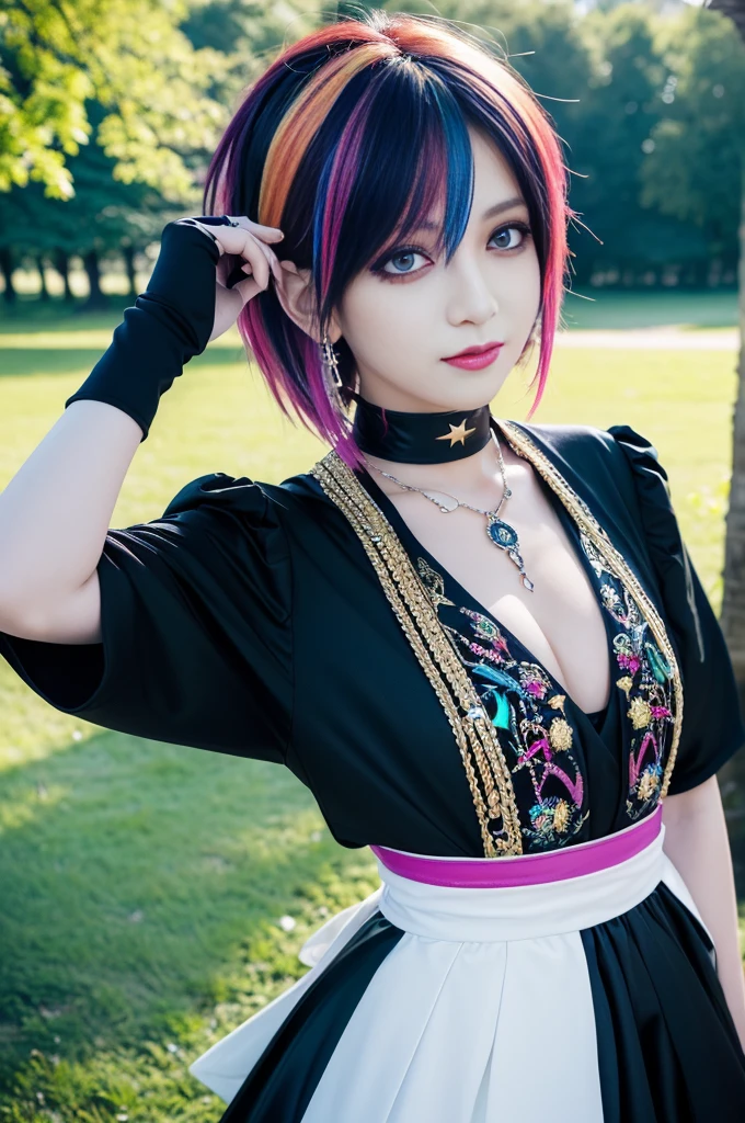 (masterpiece:1.4), (best quality:1.4), ultra high res, ultra high resolution, ((ultra detailed facial features)), HDR, (realistic, photorealistic, photo-realistic:1.37), full body Esbian, sexy Swedish model, (-anime), vivid colors, ((vivid colors multicolor (Visual Kei style very short hair))), (big smile), ultra detailed heavy eye-makeup, bold lip-color, long lashes, defined eyebrows, wearing large dramatic Visual Kei jewelery, wearing a Visual Kei cosplay, ((vivid Visual Kei outfit)), layered clothing, look at the camera, cinematic light, large park background with trees, sweet and sexy pose