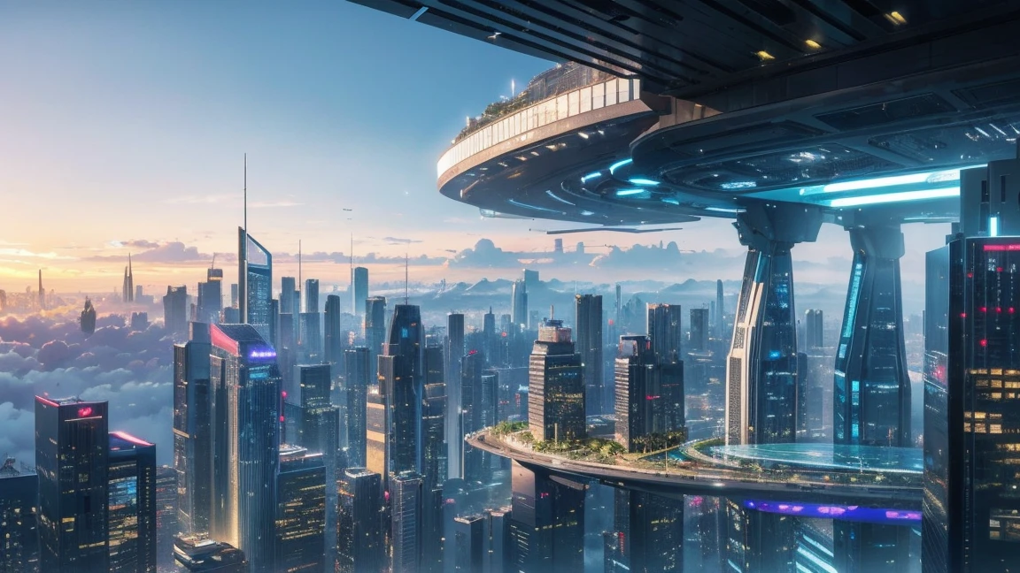 (Highest quality,4K,8k,High resolution,masterpiece:1.2),Very detailed,(Realistic,Realistic,Photorealistic:1.37),Futuristic floating city,Future Technology,Huge urban high-tech tablet platform,airship,Floating in the sky,Future City,小さなairshipが周囲に,High-tech hemispherical platform,Colorful lights,High-level architecture,Modern architecture,Skyscraper,Access the cloud,Beautiful views,City view,Impressive design,Seamlessly blending with nature,vibrant and lively atmosphere,Future Transportation Systems,No Parking,Transparent path,Lush greenery,Sky Garden,waterfall,Spectacular Skyline,Reflection on the surface of the water,Shining River,Architectural Innovation,Futuristic skyscrapers,Transparent Dome,The building has an unusual shape,Elevated walkway,Impressive Skyline,Glowing lights,Future Technology,minimalist design,Scenic spots,panoramic,tower that pierces the clouds,Vibrant colors,Spectacular sunrise,Spectacular sunset,Dazzling light display,Magical atmosphere,Future City,Urban Utopia,Luxury Lifestyle,Innovative Energy,Sustainable Development,Smart City Technology,Advanced Infrastructure,Quiet atmosphere,Nature and technology coexist in harmony,Great cityscape,Unprecedented urban planning,Architecture seamlessly connects with nature,High-tech city,A marvel of cutting-edge engineering,The future of urban living,A visionary architectural concept,Energy-efficient buildings,Harmony with the environment,A city floating above the clouds,Utopian dreams become reality,The possibilities are endless,Cutting-edge transportation network,Green Energy Integration,Innovative Materials,Impressive holographic display,Advanced Communication Systems,Breathtaking aerial views,Quiet and peaceful environment,Modernist aesthetics,Heavenly Beauty