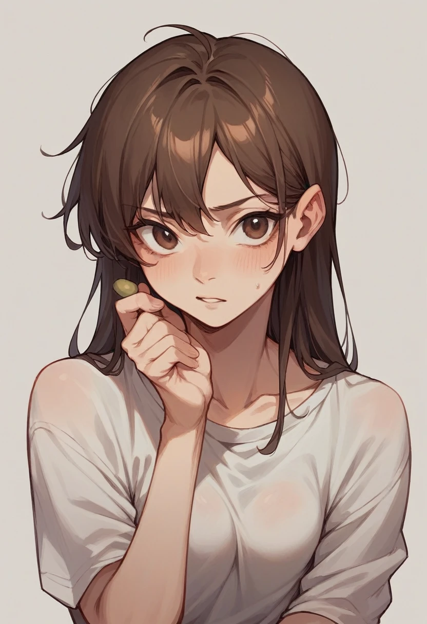 Brown hair girl what's going on her face, Blue-eyed, boluptuous body wrapped in a wet piece of cloth.