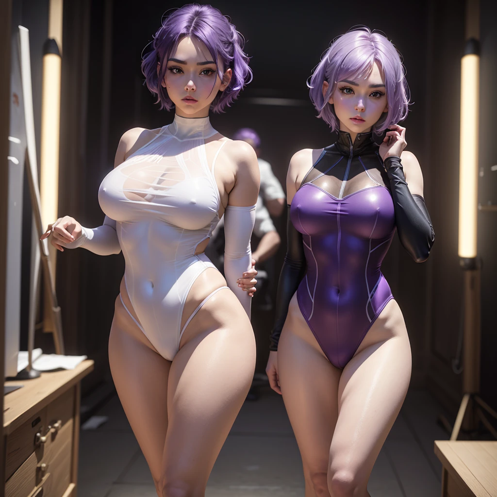 8k ultra realistic cg, perfect face, flawless, clean, masterpiece, professional artwork, famous work of art, cinematic lighting, cinematographic flourishing, 1 girl, purple hair, White skin, Cuervo_No_hood, Cuervo_cosplay, leotard, full body angle, leotard, purple hair, short hair, White skin
