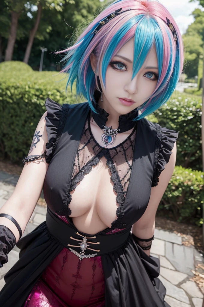 (masterpiece:1.4), (best quality:1.4), ultra high res, ultra high resolution, ((ultra detailed facial features)), HDR, (realistic, photorealistic, photo-realistic:1.37), full body Esbian, sexy Swedish model, (-anime), vivid colors, ((vivid colors multicolor (Visual Kei style very short hair))), (big smile), ultra detailed heavy eye-makeup, bold lip-color, long lashes, defined eyebrows, wearing large dramatic Visual Kei jewelery, wearing a Visual Kei cosplay, ((vivid Visual Kei outfit)), layered clothing, look at the camera, cinematic light, large park background with trees, sweet and sexy pose