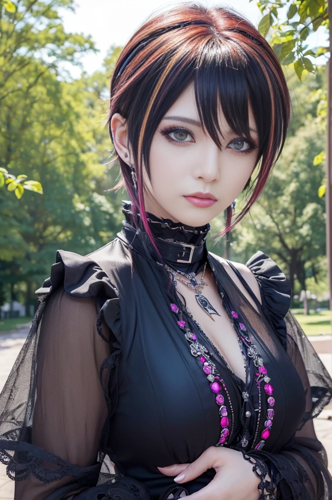 (masterpiece:1.4), (best quality:1.4), ultra high res, ultra high resolution, ((ultra detailed facial features)), HDR, (realistic, photorealistic, photo-realistic:1.37), full body Esbian, sexy Swedish model, (-anime), vivid colors, ((vivid colors multicolor (Visual Kei style very short hair))), (big smile), ultra detailed heavy eye-makeup, bold lip-color, long lashes, defined eyebrows, wearing large dramatic Visual Kei jewelery, wearing a Visual Kei cosplay, ((vivid Visual Kei outfit)), layered clothing, look at the camera, cinematic light, large park background with trees, sweet and sexy pose