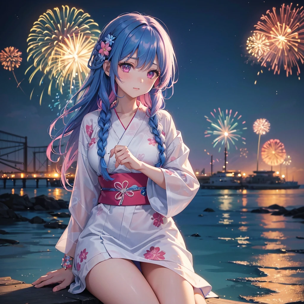 (Sky Blue Medium Hair:1.2), (Braided Hair),(Pink Eyes),Fair skin ,(whole body),(1 girl)、Floral Yukata、summer night、Extra-large fireworks filling the night sky、Huge fireworks launched from the sea、Watching the fireworks while sitting next to each other、Straight bangs,(masterpiece, Highest quality, Very detailed, Best Shadow), (Detailed Background), (Beautifully detailed face), High Contrast, (Best lighting, Very delicate and beautiful), ((Cinematic Light)), colorful, Hyper Detail 8k, Dramatic Light, Intricate details,Fireworks reflected on the water surface、