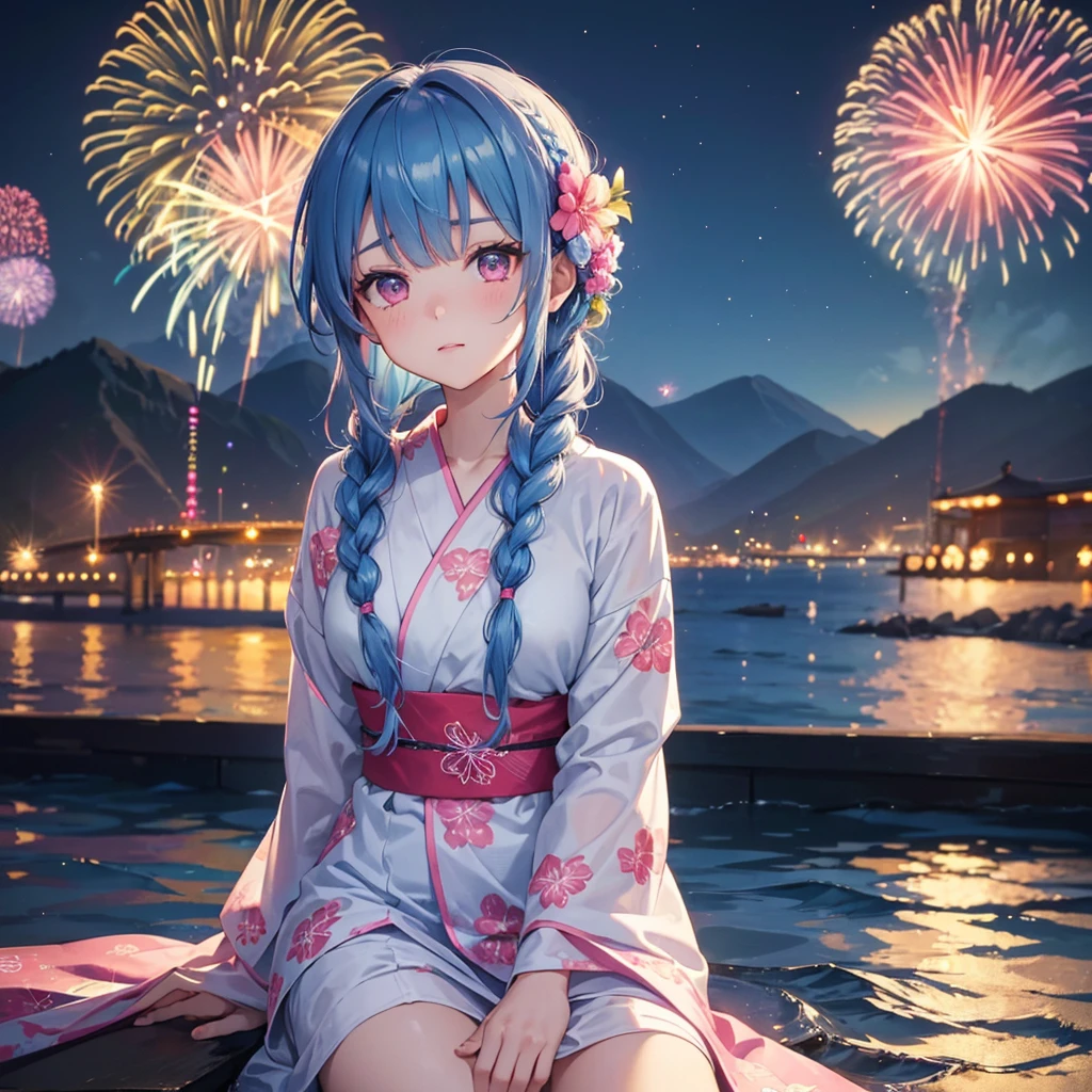 (Sky Blue Medium Hair:1.2), (Braided Hair),(Pink Eyes),Fair skin ,(whole body),(1 girl)、Floral Yukata、summer night、Extra-large fireworks filling the night sky、Huge fireworks launched from the sea、Watching the fireworks while sitting next to each other、Straight bangs,(masterpiece, Highest quality, Very detailed, Best Shadow), (Detailed Background), (Beautifully detailed face), High Contrast, (Best lighting, Very delicate and beautiful), ((Cinematic Light)), colorful, Hyper Detail 8k, Dramatic Light, Intricate details,Fireworks reflected on the water surface、