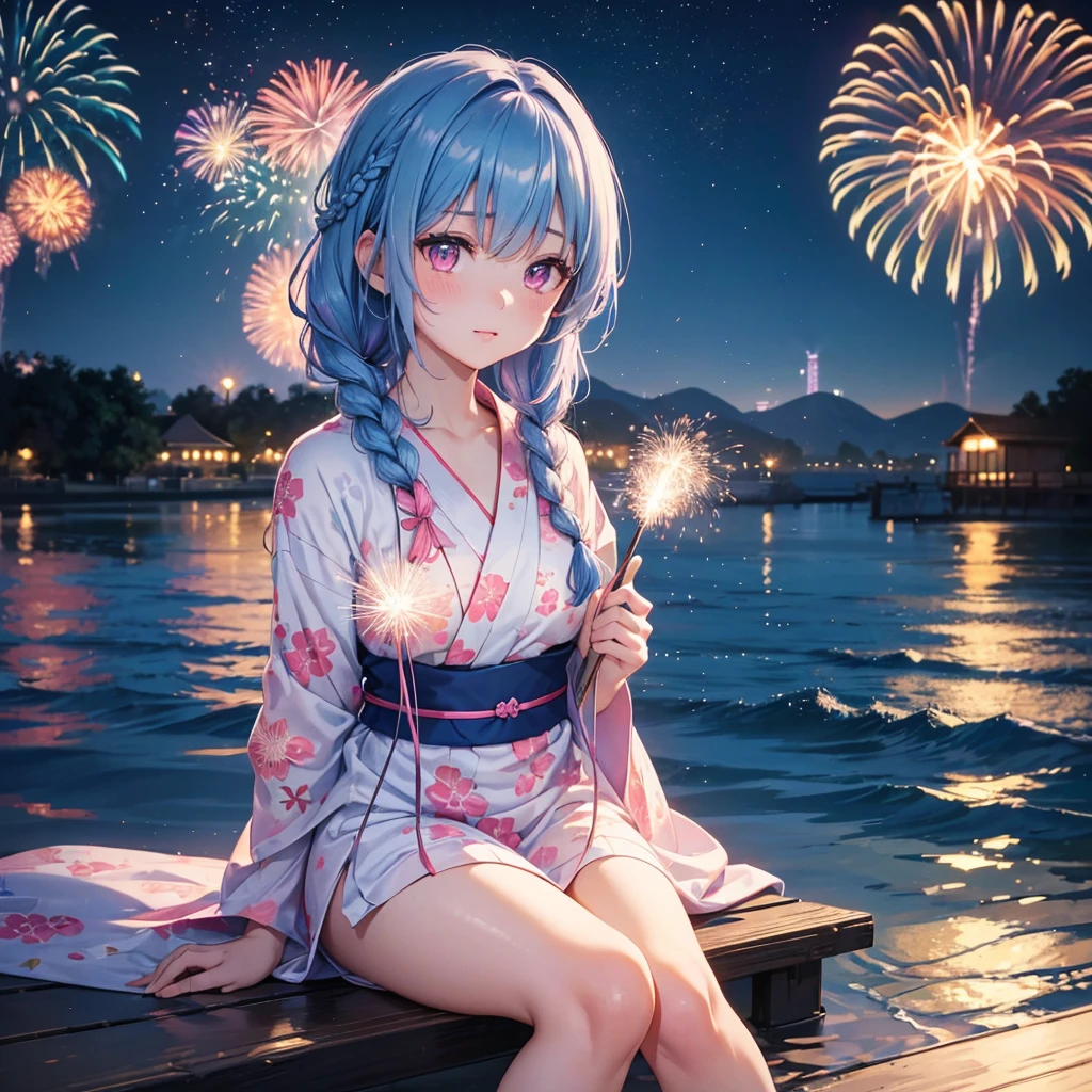 (Sky Blue Medium Hair:1.2), (Braided Hair),(Pink Eyes),Fair skin ,(whole body),(1 girl)、Floral Yukata、summer night、Extra-large fireworks filling the night sky、Huge fireworks launched from the sea、Watching the fireworks while sitting next to each other、Straight bangs,(masterpiece, Highest quality, Very detailed, Best Shadow), (Detailed Background), (Beautifully detailed face), High Contrast, (Best lighting, Very delicate and beautiful), ((Cinematic Light)), colorful, Hyper Detail 8k, Dramatic Light, Intricate details,Fireworks reflected on the water surface、