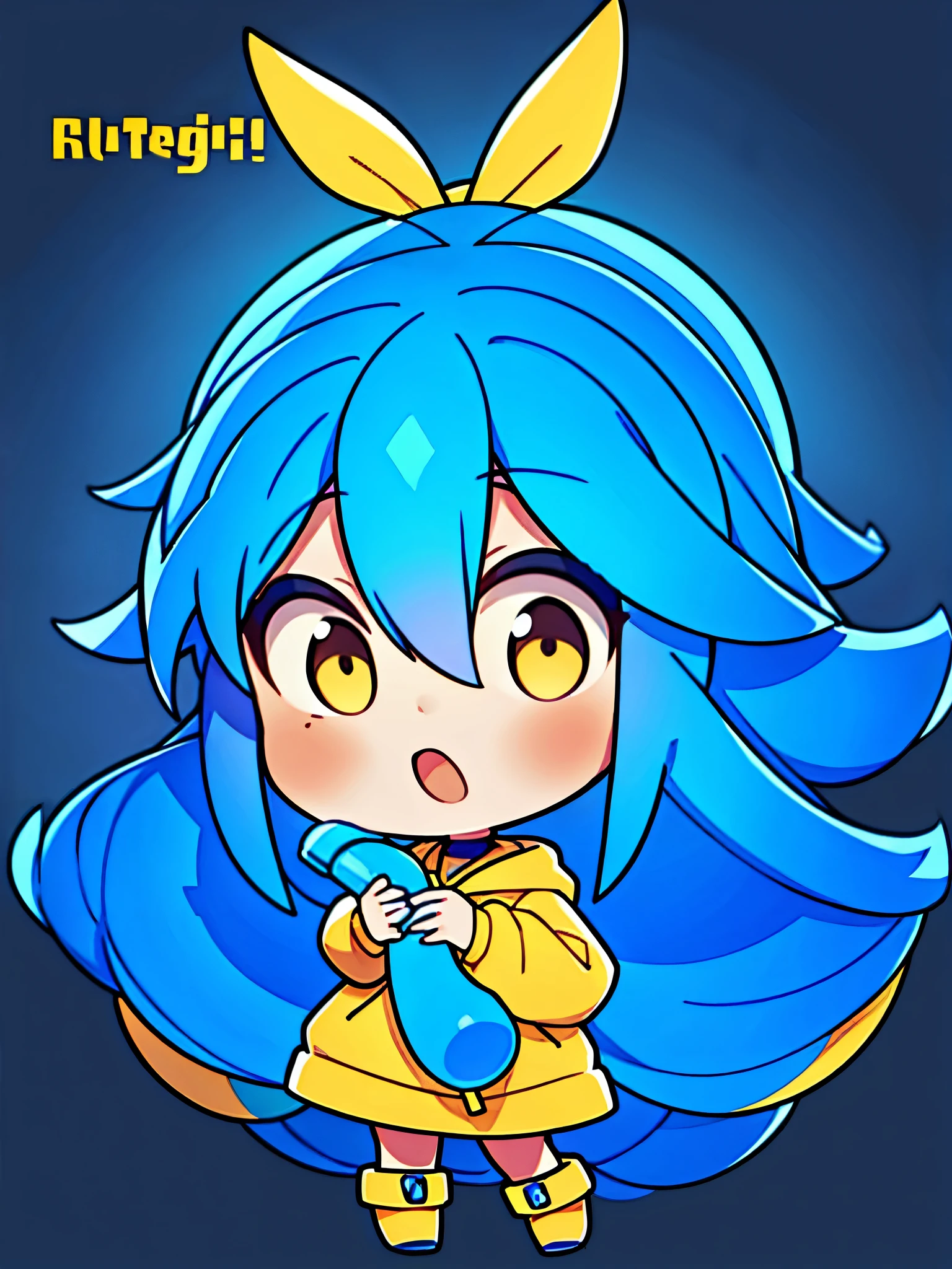 Woman, blue hair, brown eyes, wearing a yellow hoodie, name fqxzt, black, long hair, holding a game joystick, best quality.,