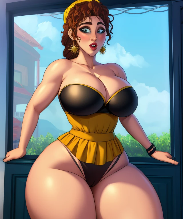 (best quality), (masterpiece), 1 girl, early 20's, huge heavy breasts, busty, massive breasts, thick, thick lips, wide hips, thin waist, pepa, pepe