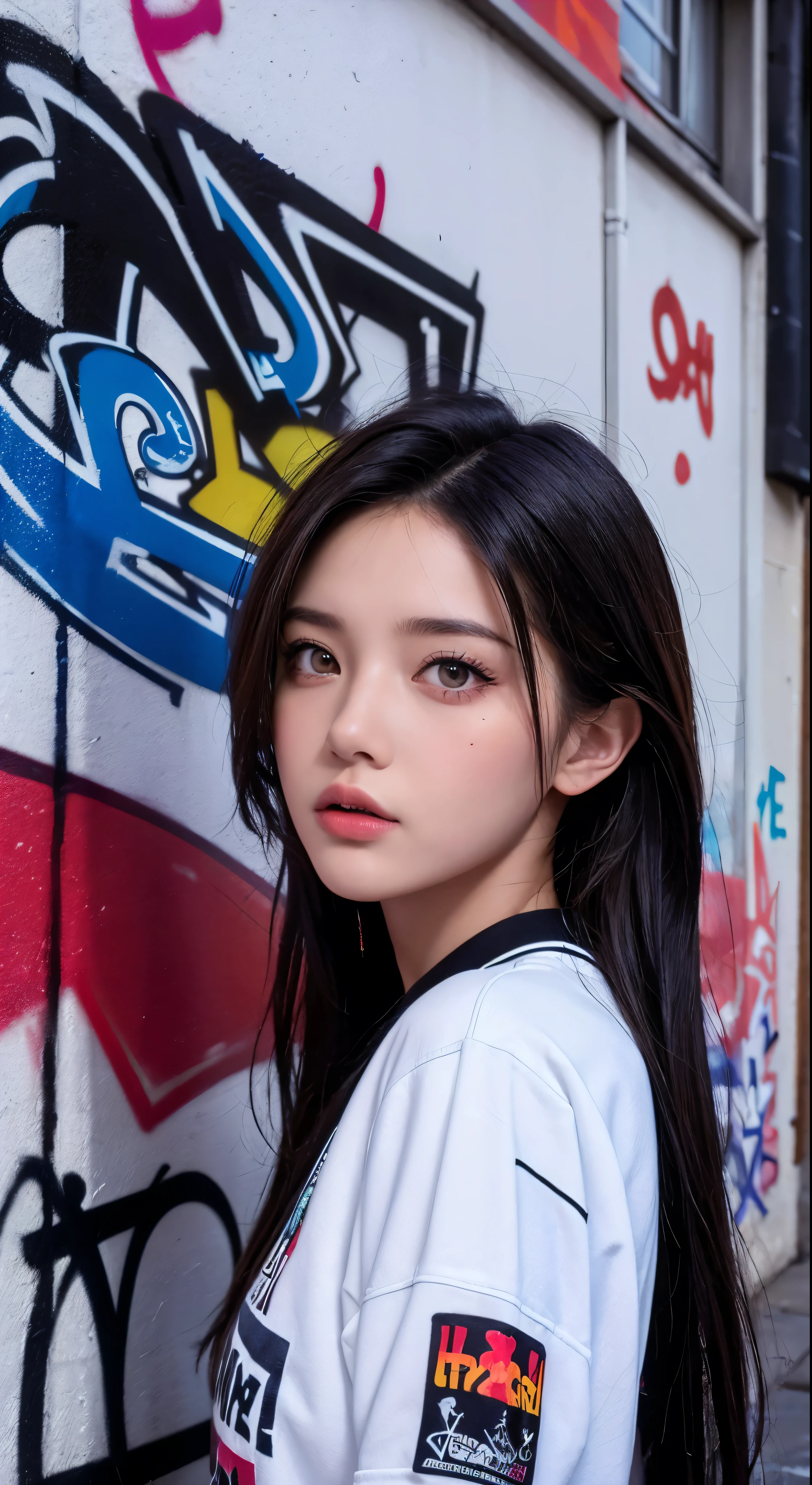 (best quality), masterpiece, extremely detailed CG uniform 8K illustration, high color, extremely high color saturation, all colors deepened, paint, graffiti art, center composition, extremely detailed light and shadow, graffiti wall, wall painted bright, 1 girl graffiti 1 girl looking at the wall, extremely detailed face and eyes, medium length hair, sportswear, colored clouds