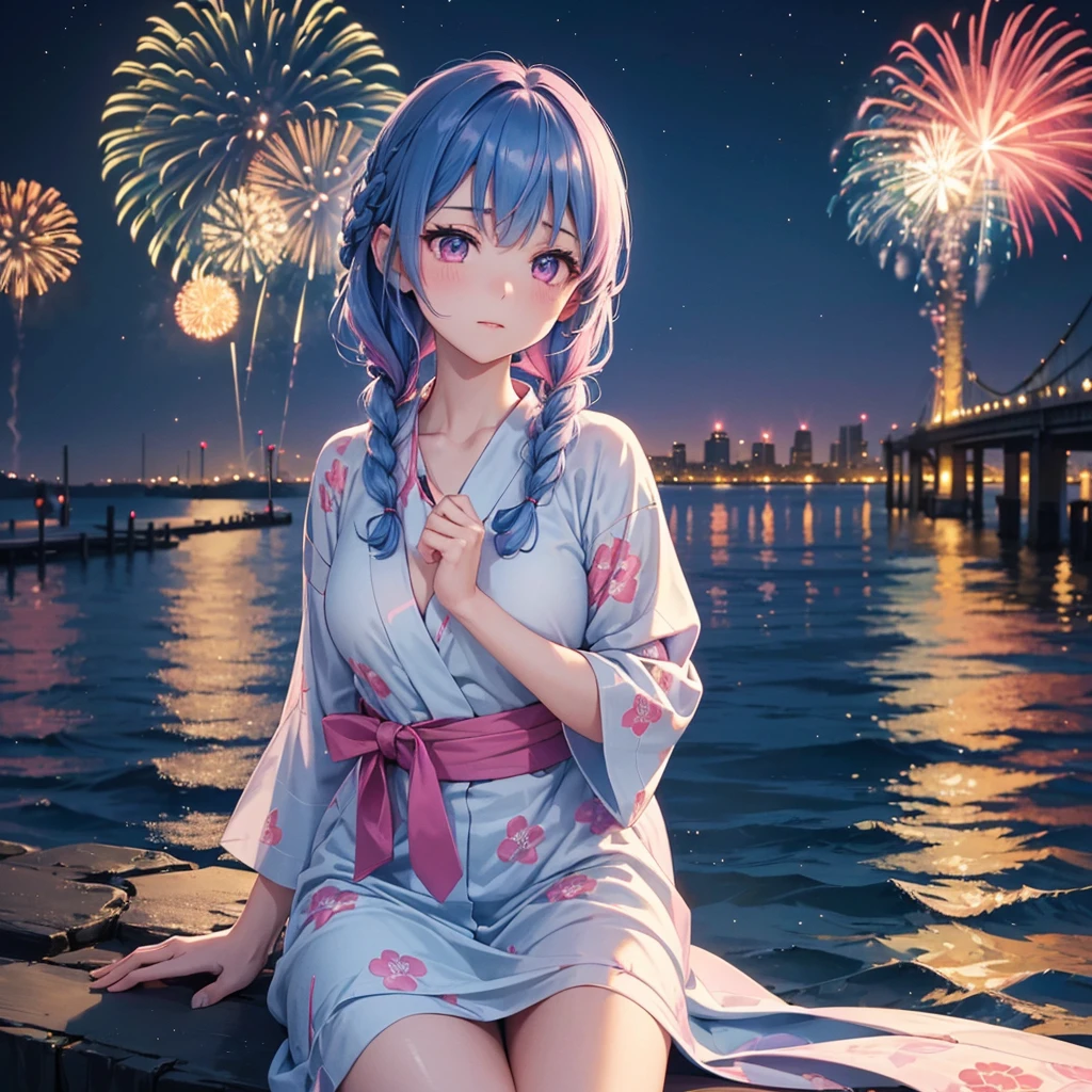 (Sky Blue Medium Hair:1.2), (Braided Hair),(Pink Eyes),Fair skin ,(whole body),(1 girl)、Floral Yukata、summer night、Extra-large fireworks filling the night sky、Huge fireworks launched from the sea、Watching the fireworks while sitting next to each other、Straight bangs,(masterpiece, Highest quality, Very detailed, Best Shadow), (Detailed Background), (Beautifully detailed face), High Contrast, (Best lighting, Very delicate and beautiful), ((Cinematic Light)), colorful, Hyper Detail 8k, Dramatic Light, Intricate details,Fireworks reflected on the water surface、