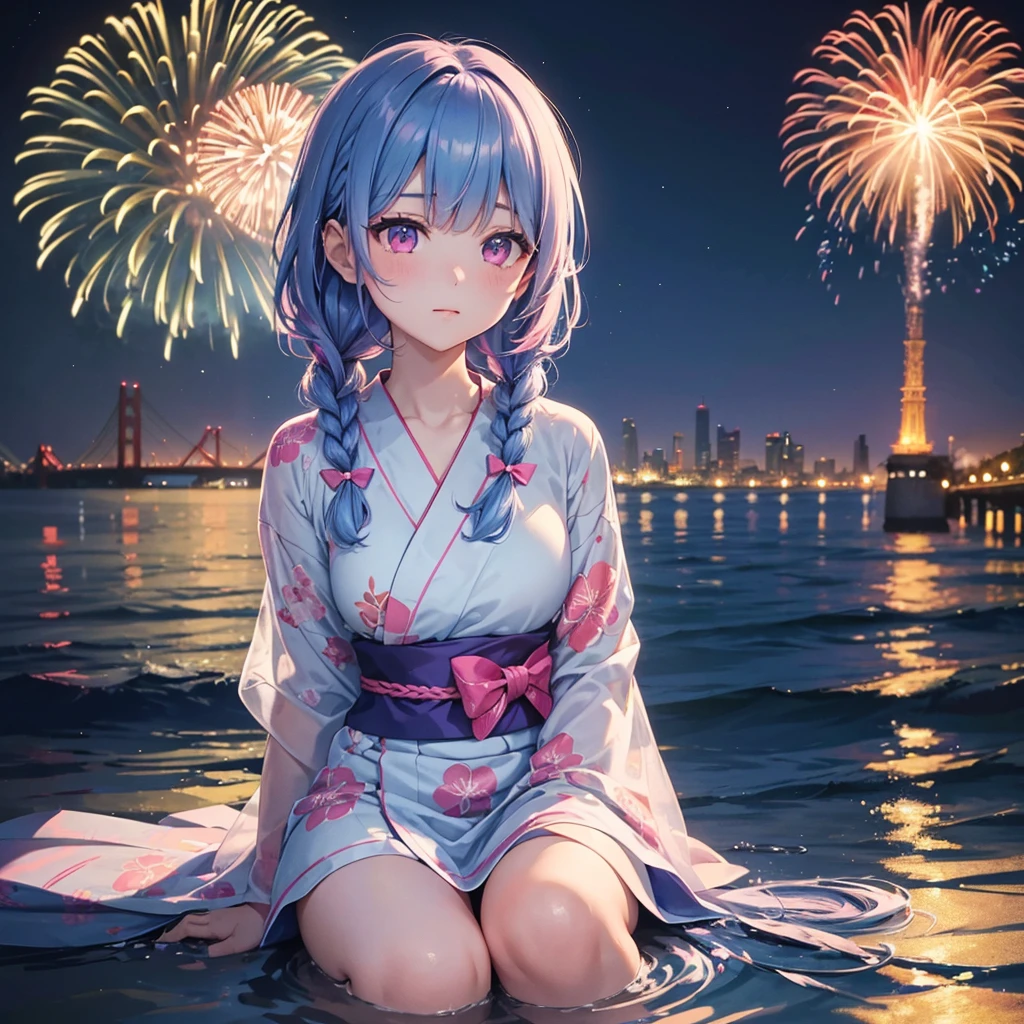 (Sky Blue Medium Hair:1.2), (Braided Hair),(Pink Eyes),Fair skin ,(whole body),(1 girl)、Floral Yukata、summer night、Extra-large fireworks filling the night sky、Huge fireworks launched from the sea、Watching the fireworks while sitting next to each other、Straight bangs,(masterpiece, Highest quality, Very detailed, Best Shadow), (Detailed Background), (Beautifully detailed face), High Contrast, (Best lighting, Very delicate and beautiful), ((Cinematic Light)), colorful, Hyper Detail 8k, Dramatic Light, Intricate details,Fireworks reflected on the water surface、