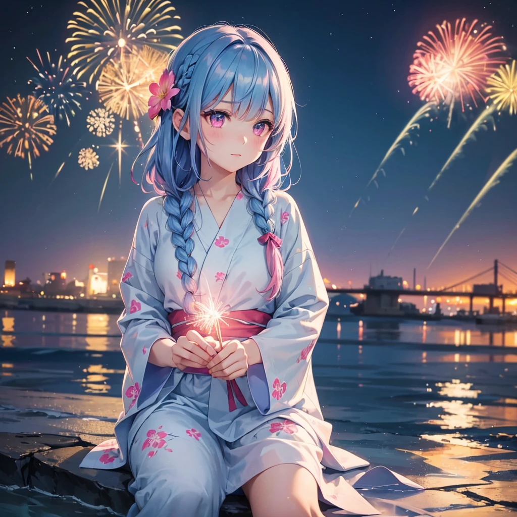 (Sky Blue Medium Hair:1.2), (Braided Hair),(Pink Eyes),Fair skin ,(whole body),(1 girl)、Floral Yukata、summer night、Extra-large fireworks filling the night sky、Huge fireworks launched from the sea、Watching the fireworks while sitting next to each other、Straight bangs,(masterpiece, Highest quality, Very detailed, Best Shadow), (Detailed Background), (Beautifully detailed face), High Contrast, (Best lighting, Very delicate and beautiful), ((Cinematic Light)), colorful, Hyper Detail 8k, Dramatic Light, Intricate details,Fireworks reflected on the water surface、