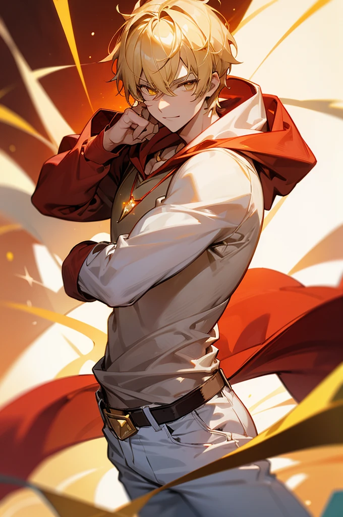 blonde hair, gold eyes, beautiful male, yellow eyes, start sky, 8k resolution, sky, galaxy, young male, serious face, short hair,, cowboy shot, glowing red gem necklace, smile, red gem on chest, mature, lean build, muscular,red shirt, red gem necklace,no lazy eye, phone in hand,white hoodie on head, white pants