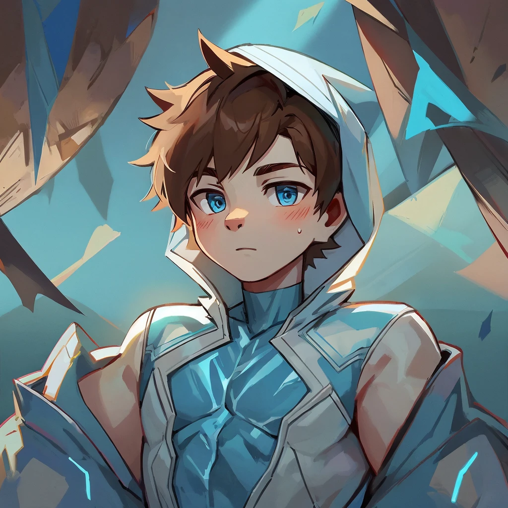 A boy with an ice suit and brown hair and blue ribbon on his chest and ice background