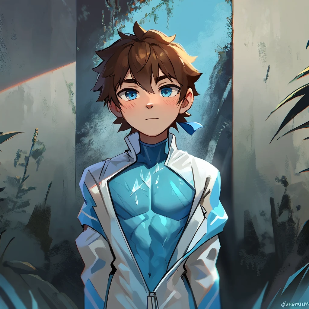 A boy with an ice suit and brown hair and blue ribbon on his chest and ice background