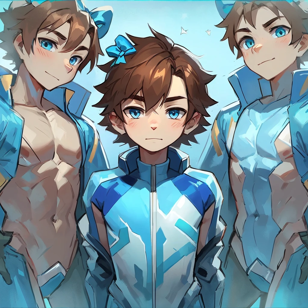 A boy with an ice suit and brown hair and blue ribbon on his chest and ice background