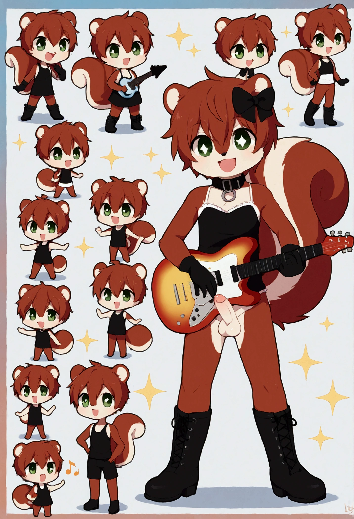 boy, squirrel, furry, bodyfur, tail, collar, camisole, ??????????, gloves, boots, chibi, sparkling eyes, idol, hair bow, happy, full body, ?????, ?????????, play the guitar, singing, smile