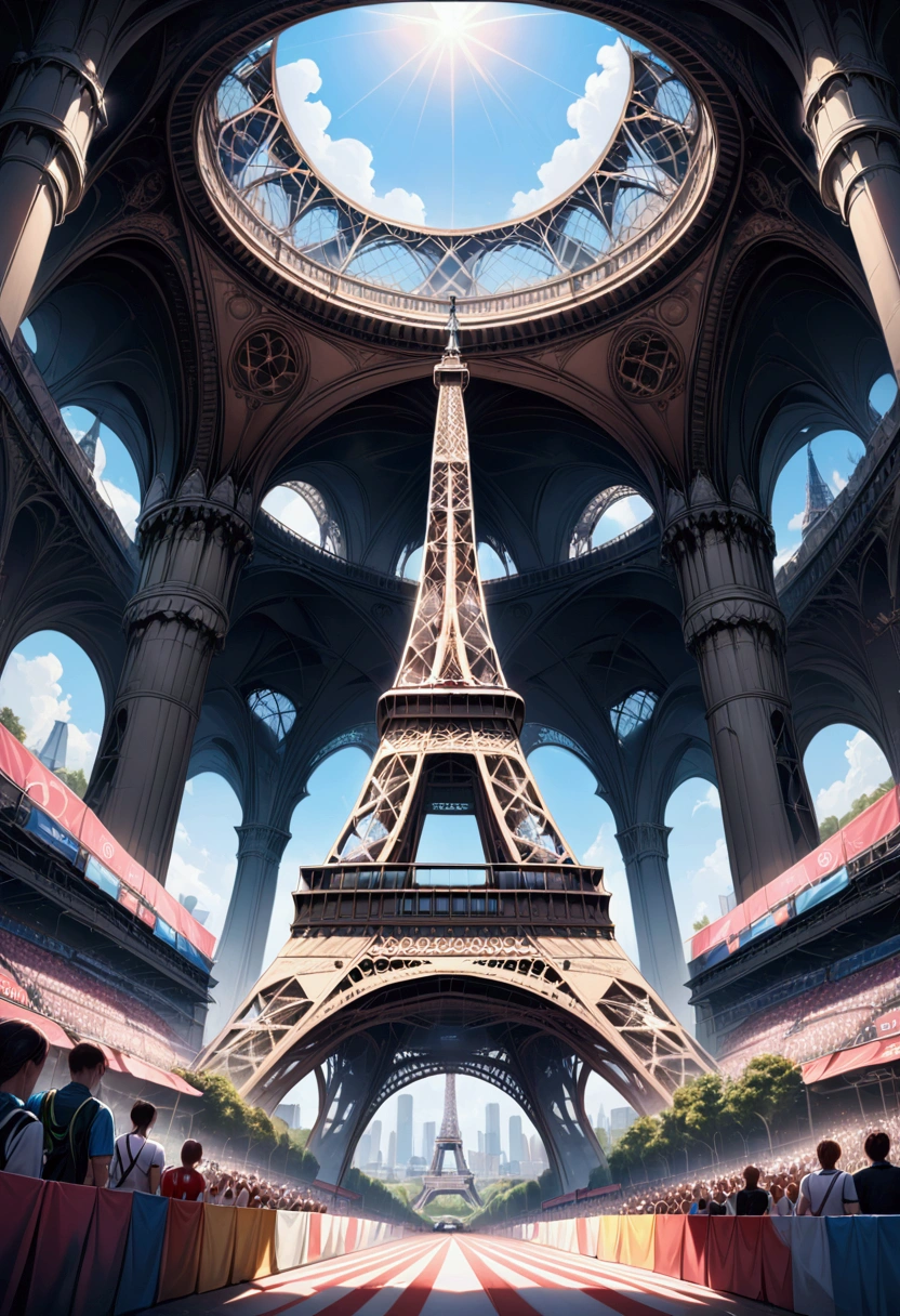 a majestic Eiffel Tower in Paris, summer Olympics, athletes competing, crowds cheering, iconic landmarks, dynamic sports scenes, vibrant colors, dramatic lighting, cinematic composition, hyperrealistic, 8k, highly detailed, photorealistic, masterpiece, best quality, very aesthetic, absurdres