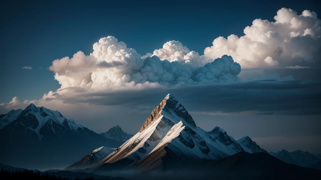 generate the image of mountains with clouds, and an illuminated entity in the background, clear images. 