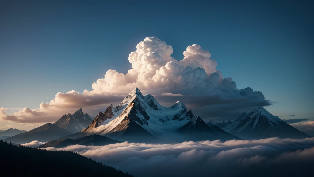generate the image of mountains with clouds, and an illuminated entity in the background, clear images.