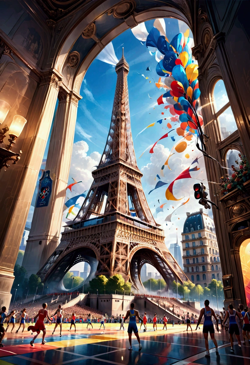 a majestic Eiffel Tower in Paris, summer Olympics, athletes competing, crowds cheering, iconic landmarks, dynamic sports scenes, vibrant colors, dramatic lighting, cinematic composition, hyperrealistic, 8k, highly detailed, photorealistic, masterpiece, best quality, very aesthetic, absurdres
