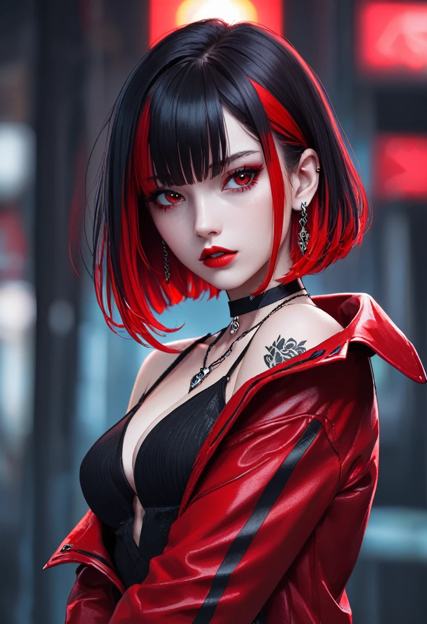 1girl, alone, breasts, looking at viewer, short hair, bangs, black hair, red eyes, cleavage, bare shoulders, jewelry, medium breasts, upper body, red hair, multicolored hair, earrings, parted lips, choker, open coat, red coat, necklace, two-tone hair, lips, highlighted hair, tattoo, black choker, red lips